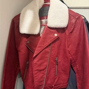 Ci Sono Red Leather Jacket with Plush White Collar